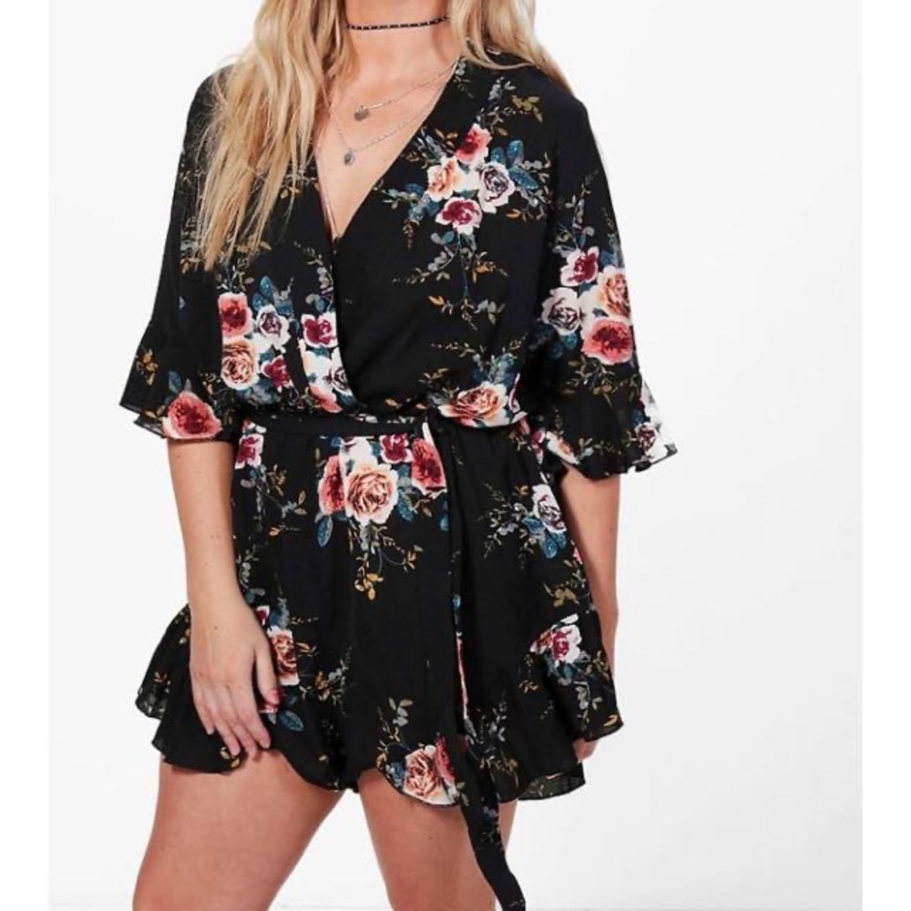 Boohoo Plus Sophie Ruffle Hem Floral Wrap Playsuit